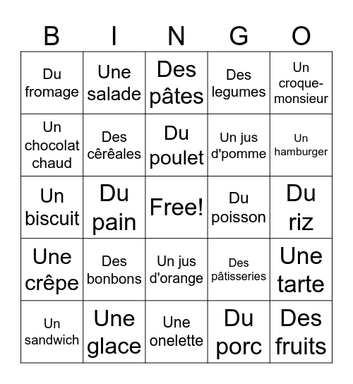 La Nourriture Bingo Card