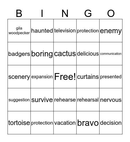 The Dessert:  What Lives There  &  Hattie the Backstage Bat Bingo Card