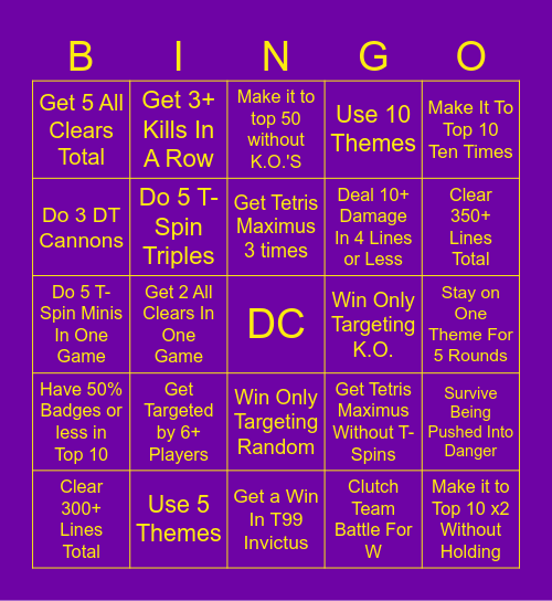 Tetris 99 Bingo Card