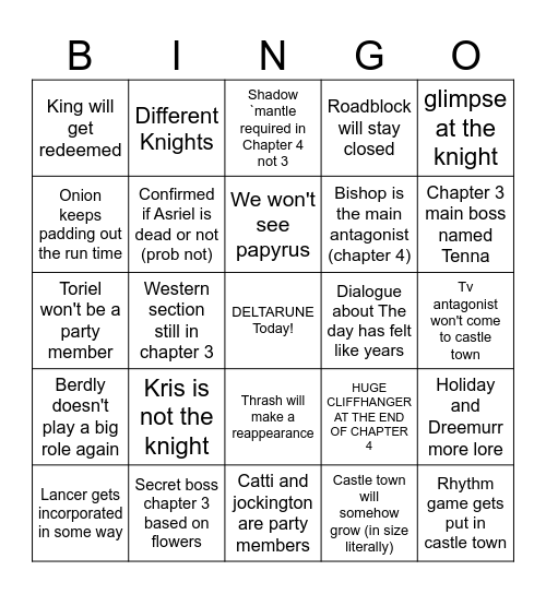 Deltarune Chapter 3 + 4 Bingo card Bingo Card