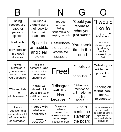 Socratic Seminar Bingo Card