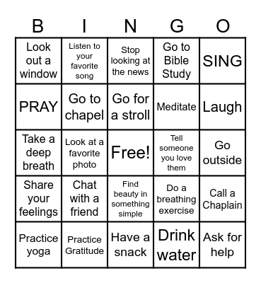 Spiritual Care Bingo Card