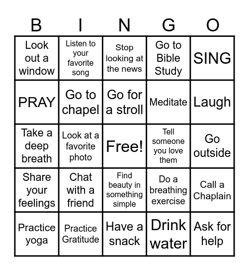 Spiritual Care Bingo Card