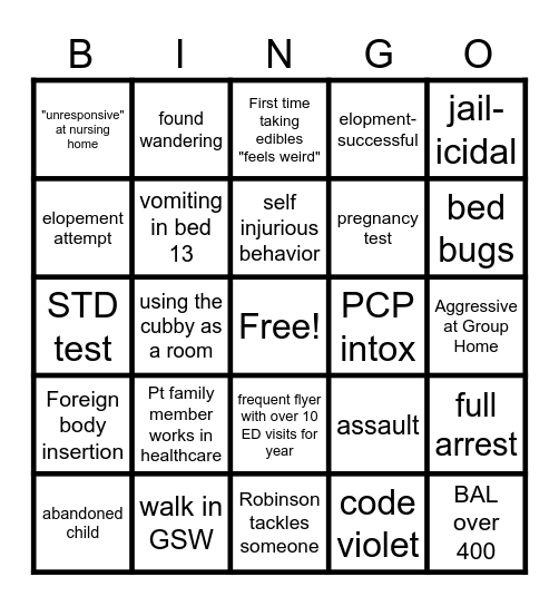 Marymount ED Bingo Card