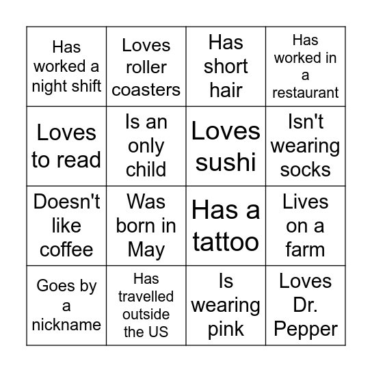 Find Someone Who.... Bingo Card