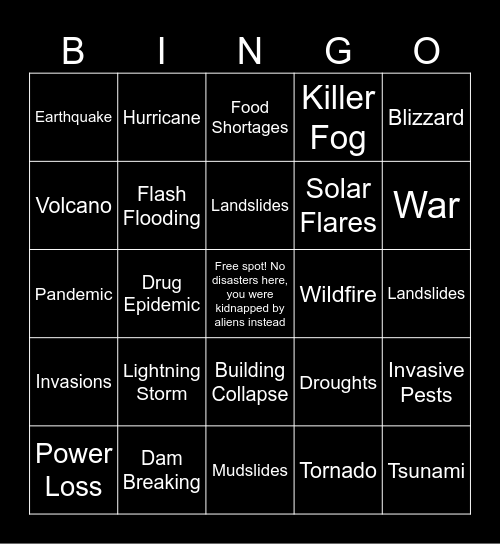 Disaster Bingo Card