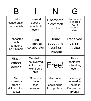 Networking Bingo - SOMOS.tech Bingo Card