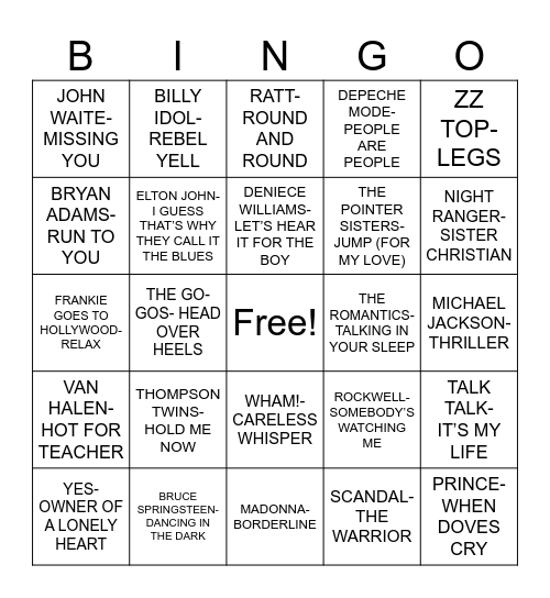 POP HITS OF 1984 Bingo Card