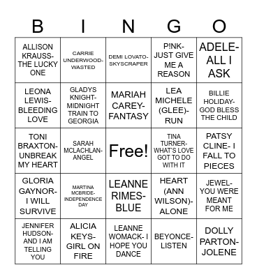 POWERFUL FEMALE SINGERS Bingo Card