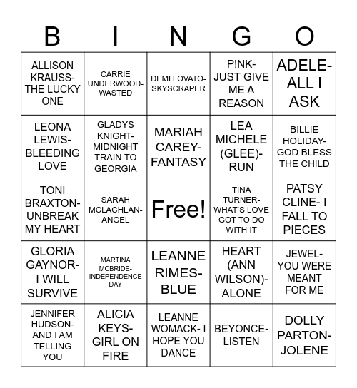 POWERFUL FEMALE SINGERS Bingo Card
