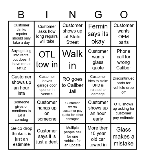 CALIBER BINGO Card