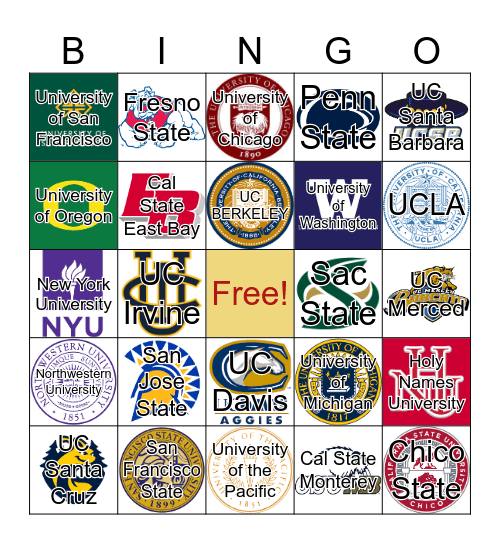 College Bingo Card