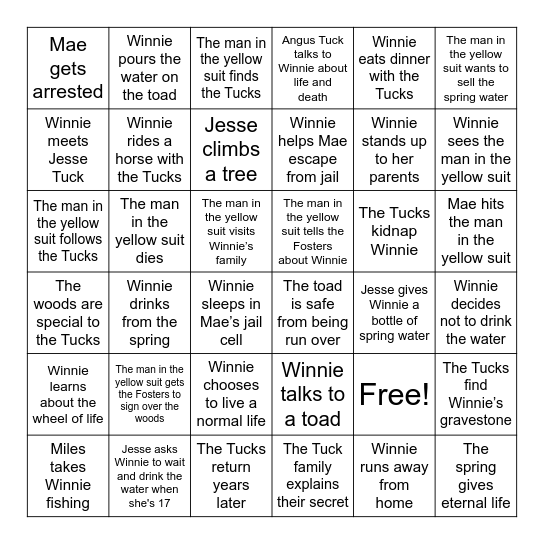 Tuck Everlasting BINGO Card