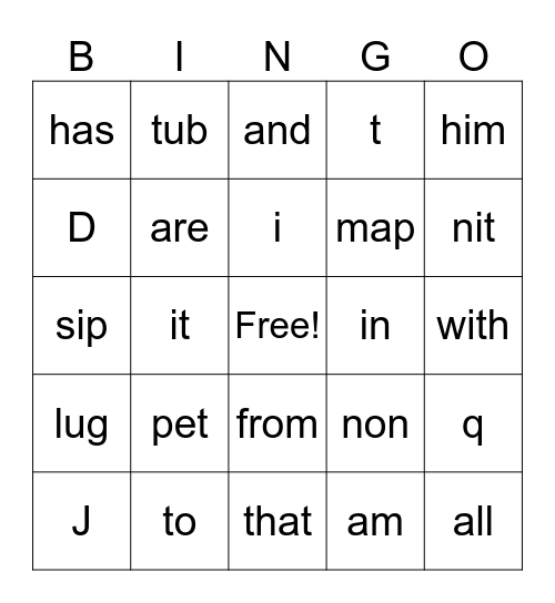 Kindergarten Bingo Card