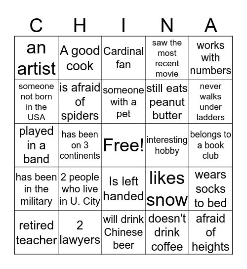 U. City CHINA BINGO Card