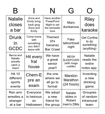 Senior Year Bingo Card