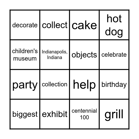 Children's Museum of Indianapolis 100th Birthday Bingo Card