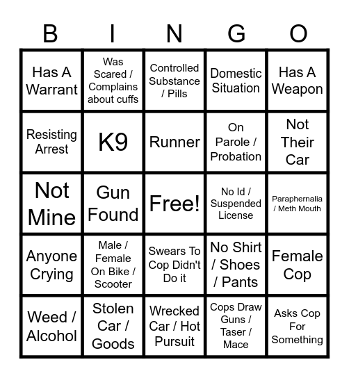 Cops Bingo Card