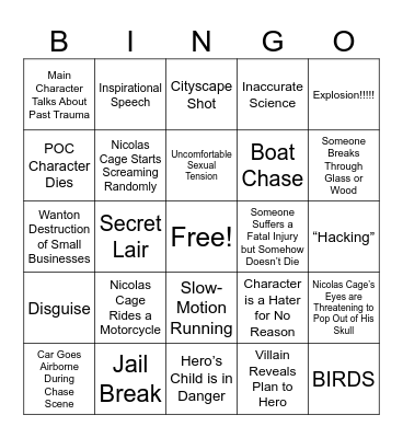 Nicolas Cage Action Bingo Card
