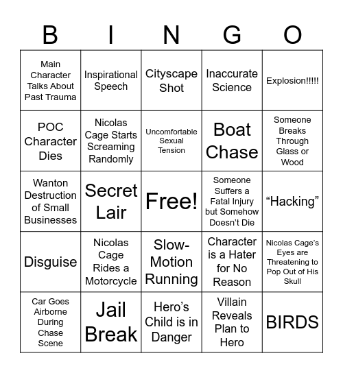 Nicolas Cage Action Bingo Card