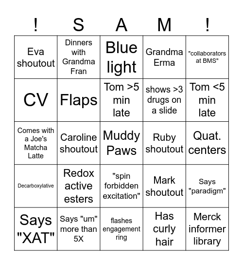 Sam's Thesis Defense Bingo Card
