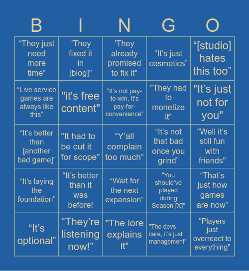 AAA Cope Bingo Card