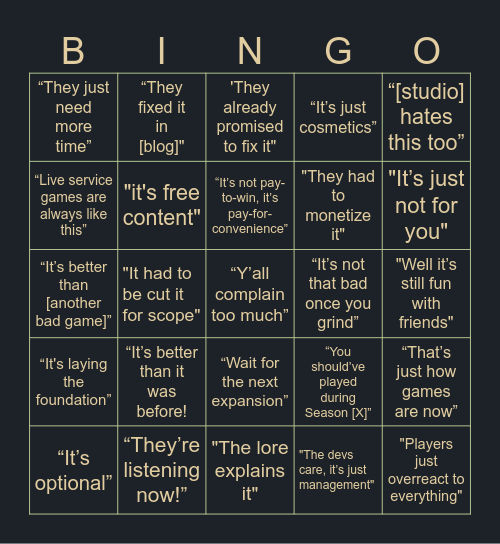 AAA Cope Bingo Card