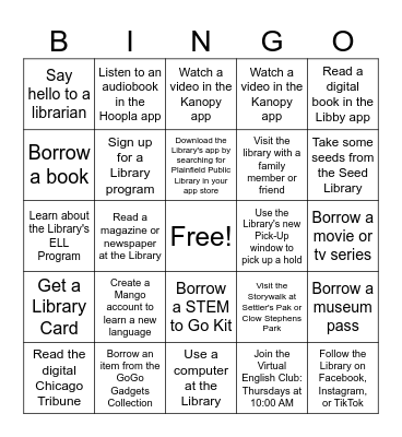 Plainfield Public Library Bingo Card