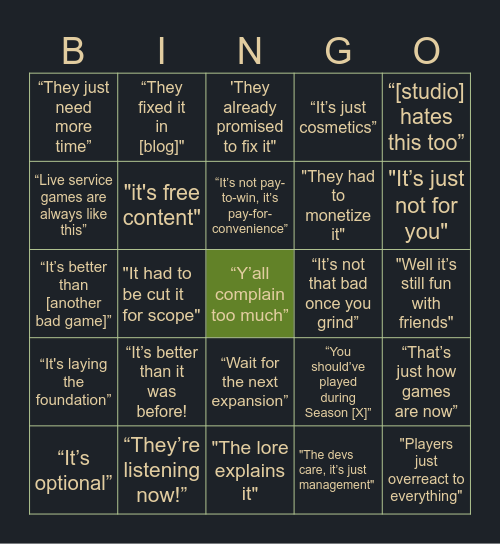 AAA Cope Bingo Card