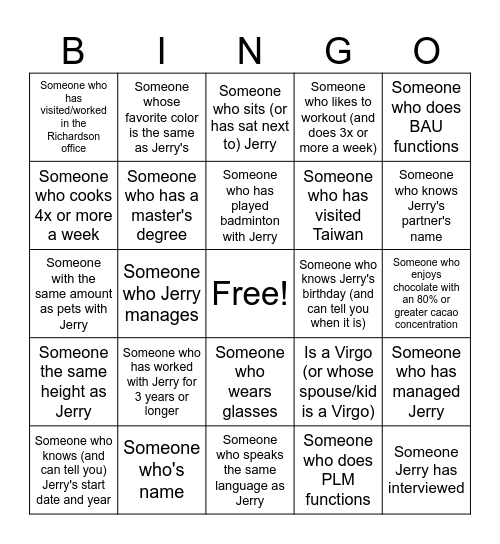 Jerry's BINGO! Bingo Card