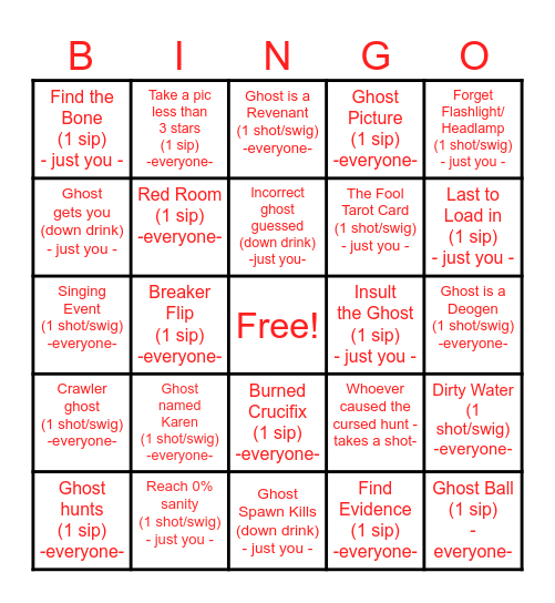 Phasmophobia Drinking Game Bingo Card
