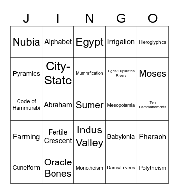 River Valley Civilization Jingo Bingo Card
