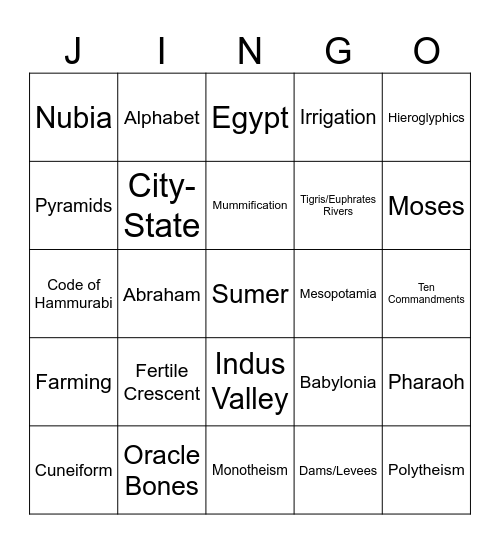 River Valley Civilization Jingo Bingo Card