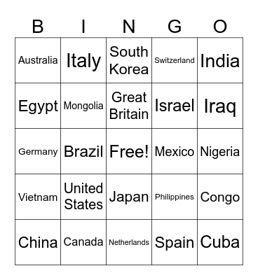Countries of the World Jingo Bingo Card