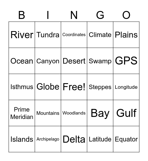 Geography Jingo Bingo Card