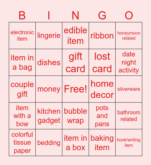 Bridal Bingo Card