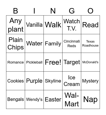 Ms. G's Favorite Things Bingo Card