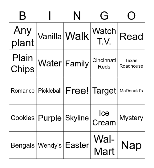 Ms. G's Favorite Things Bingo Card
