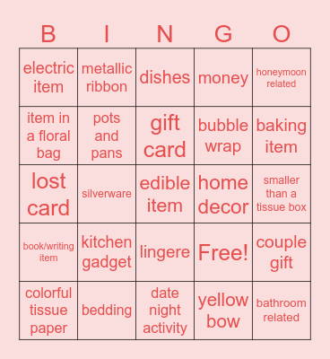 Bridal Bingo Card