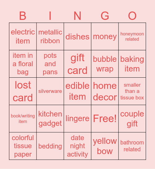 Bridal Bingo Card