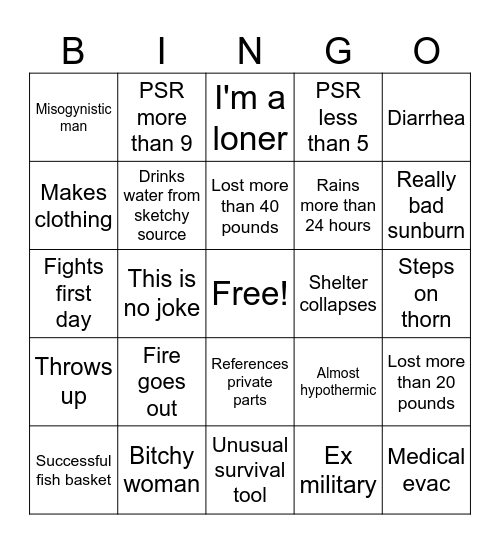 Naked and Afraid Bingo Card