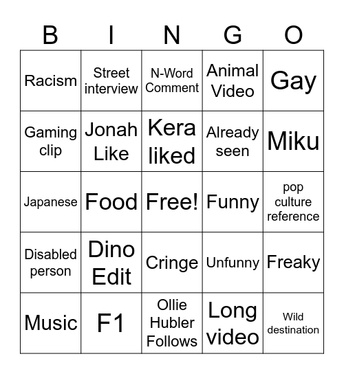 Instagram Bingo Card