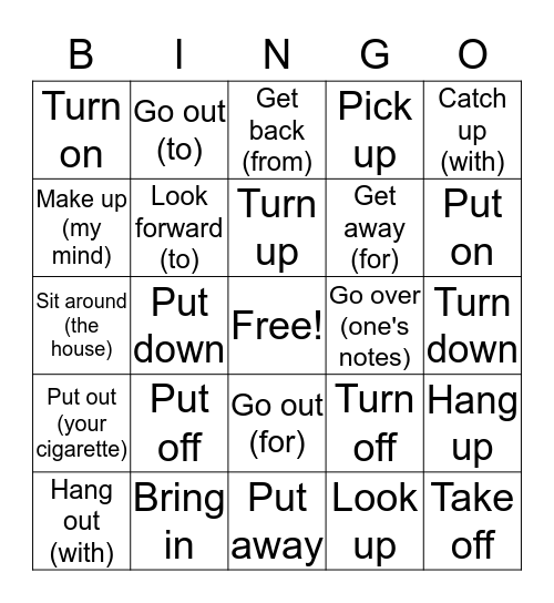 Phrasal Verb Bingo Card
