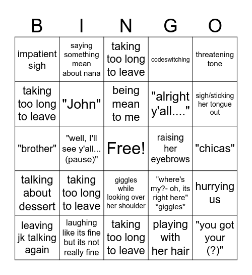 mother bingo, leaving edition. Bingo Card