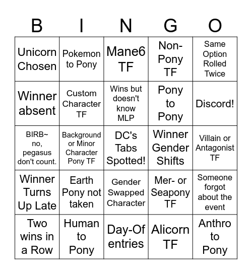 MLP TF Event Bingo Card