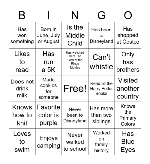 Get to Know You Bingo Card
