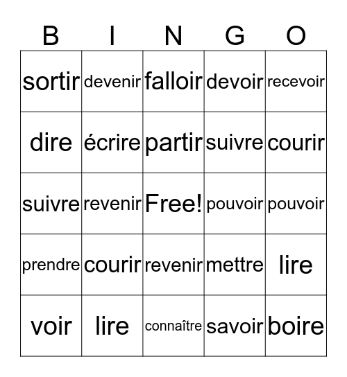 Present Tense Irregular Verb Bingo Card
