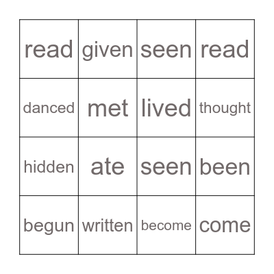 Past Participle Verbs Bingo Card