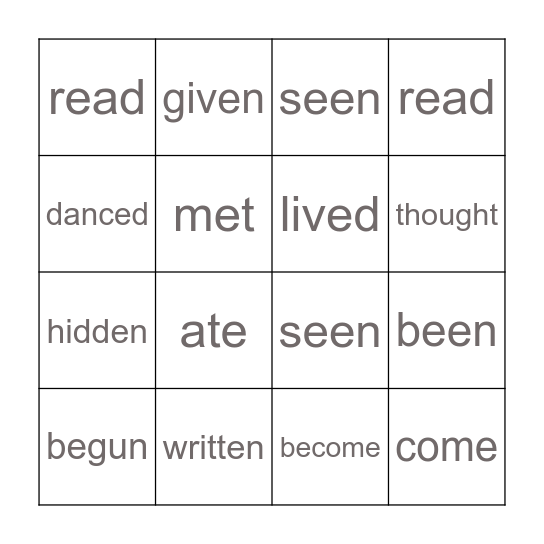 Past Participle Verbs Bingo Card