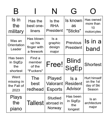 SigEp Brotherhood Bingo Card